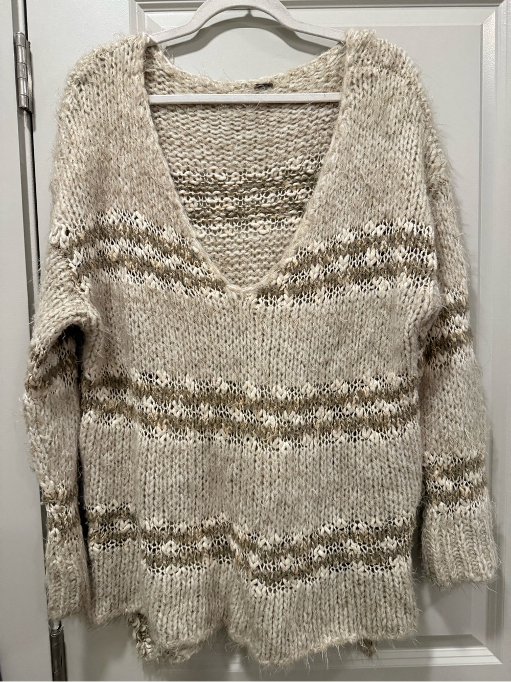 Free People Cream and Tan Striped V-Neck Sweater